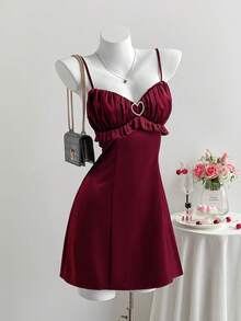 Comfortcana Plus Size Casual Ruffled A-Line Strap Dress, Red, Valentine's Day - Burgundy - View 7