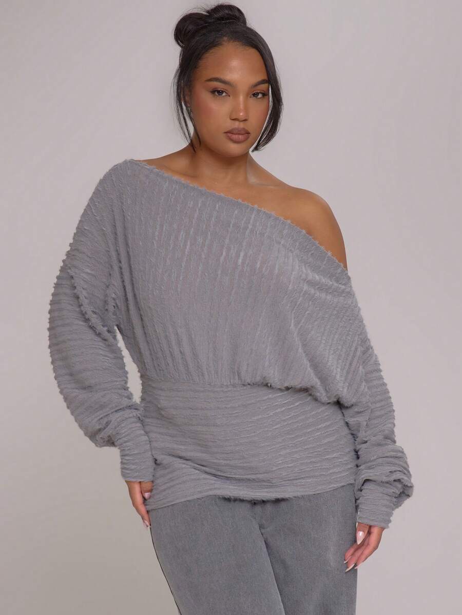 MUSERA Blusa de manga larga con hombros descubiertos, cintura ceñida y drapeado, texturizada, para otoño, estilo callejero, chica cool Y2K, uso diario casual en tono sepia - Gris - Ver 1