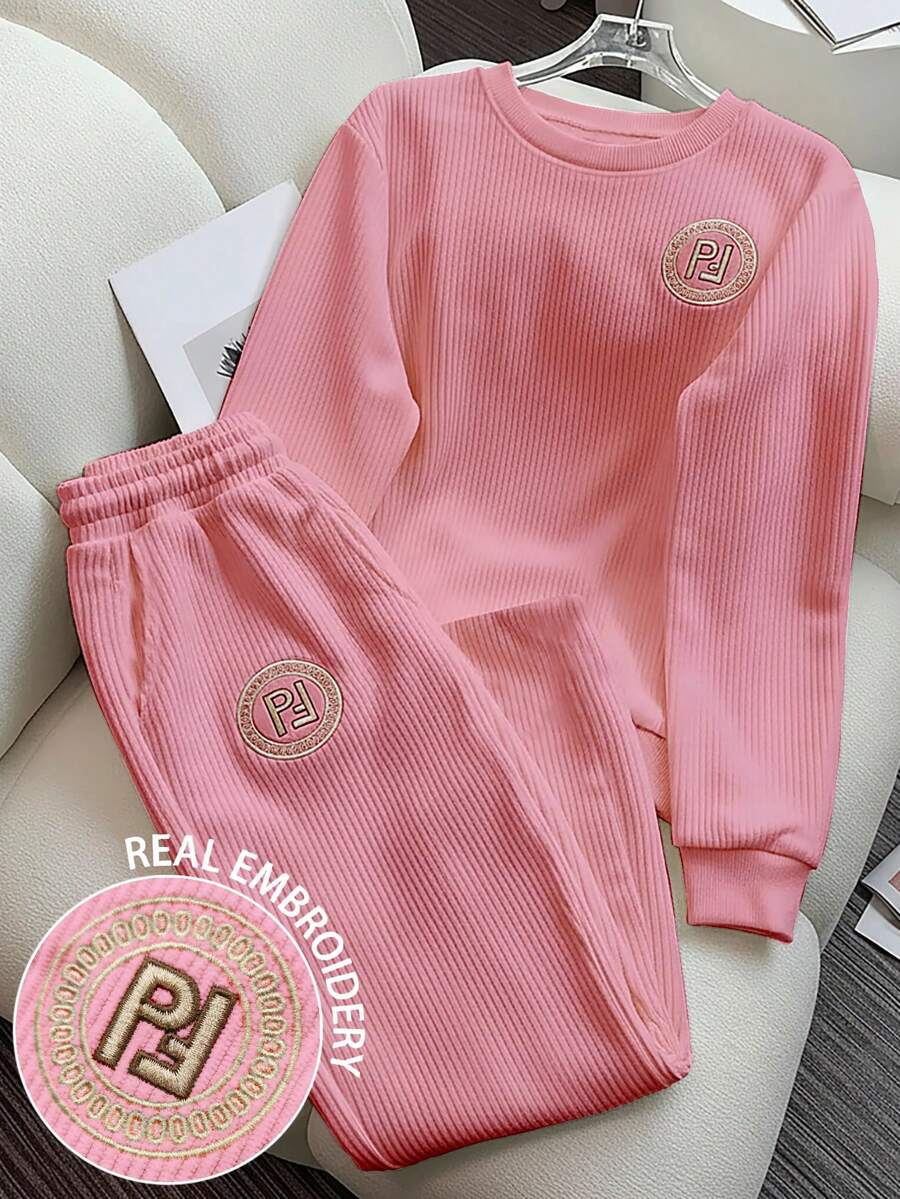 Resyla Bộ 2 món vải nhung kẻ thêu thiết kế tối giản, thường ngày/thể thao, quà tặng cho bạn bè - Hồng - Xem 1