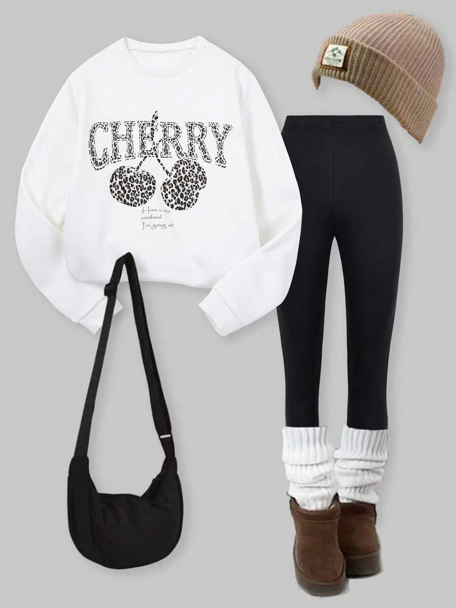 SHEIN ChillGRL 少女运动套装，秋冬新款，白色数码印花卫衣配黑色蝴蝶结，黑色修身裤，舒适合身 - 白色 - 查看 1
