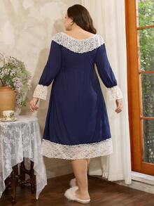 Côtesoire Camisón ajustado de punto cómodo de color azul marino con volantes de encaje y contraste de color elegante y romántico para tallas grandes - azul real - Ver 2