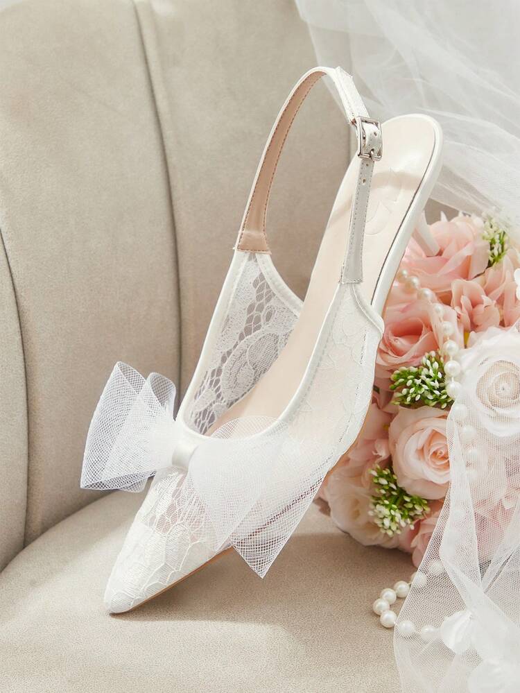 CUCCOO HITCHD White Lace Casual Versatile Pointed Toe Backless Women Pumps Valentine's Day