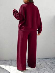 EURMUSE 100%Cotton Petite Half Zip Drop Shoulder Sweatshirt & Sweatpants - Burgundy - View 2