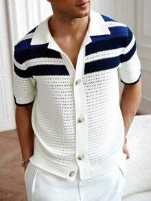 Manfinity Homme 男士条纹短袖单排扣镂空针织衫钩针衬衫希腊度假男士蓝白男士针织衬衫男士复古衬衫复古衬衫条纹衬衫 - 彩色 - 查看 1