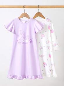 两件套女童短袖长袖连衣裙，紫色和白色，甜美宽松长裙，天鹅卡通可爱图案，柔软面料，公主风，舒适家居服，夏季 - 粉色 - 查看 1
