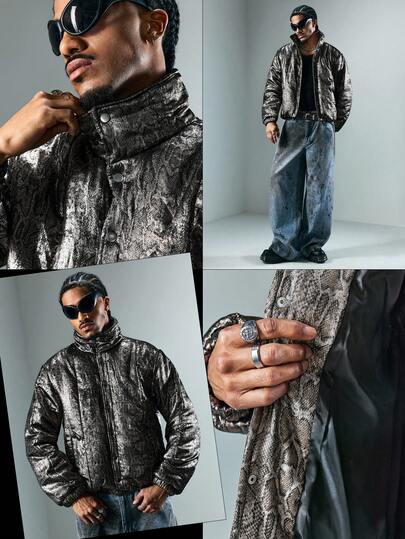 Street Life Manteau matelassé à manches longues et épaules tombantes pour homme, chaud et à la mode, motif peau de serpent, col mandarin, hiver