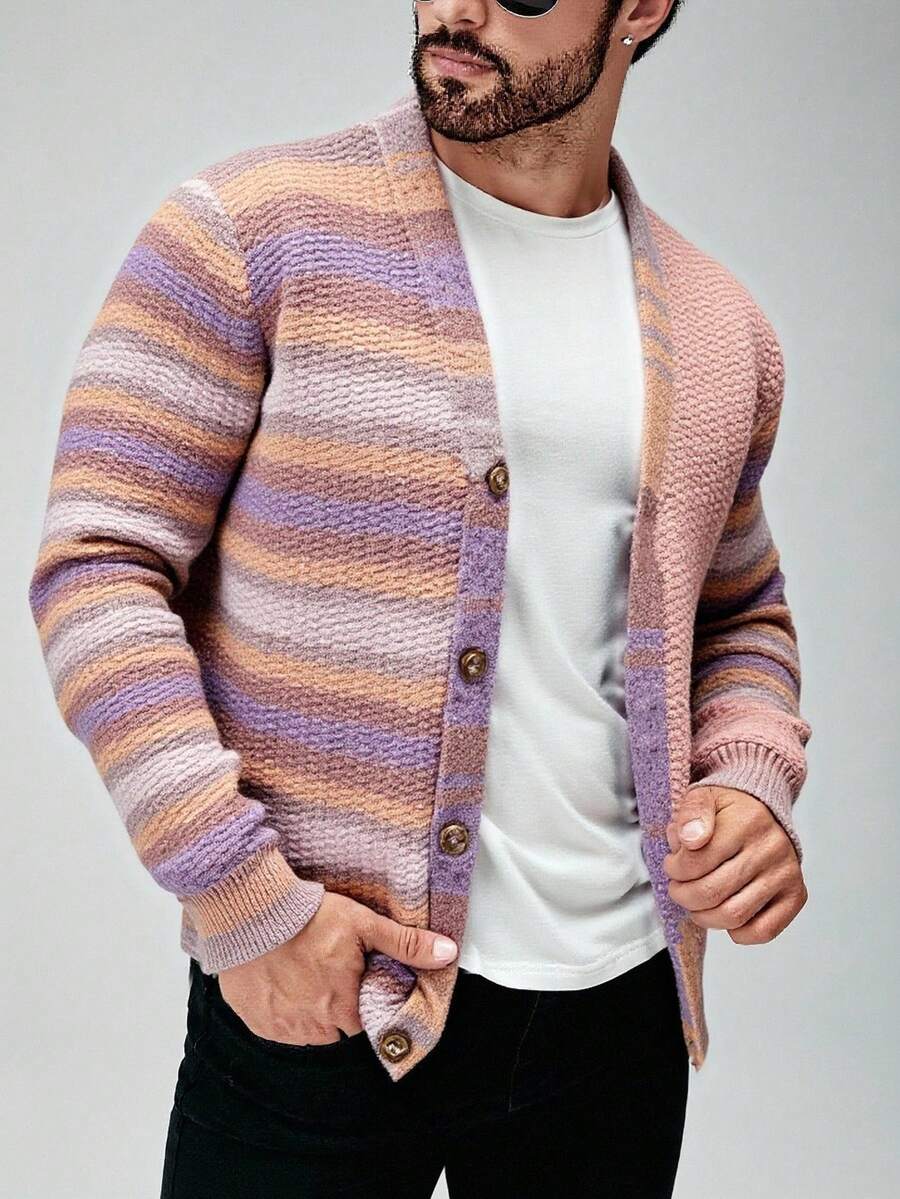 Manfinity Homme 撞色V领纽扣前开男士休闲长袖开衫,秋冬男士针织开衫,男士针织纽扣开衫,男士毛衣外套,男士开衫,男士纽扣开衫,男士针织开衫 - 彩色 - 查看 1