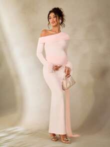 SHEIN 优雅孕妇派对礼服，拼接设计，长袖，不对称领口，双层，腰部系带，前短后长的鱼尾裙摆 - 粉色 - 查看 5