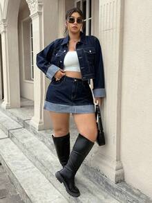 SHEIN ICON Chân váy chữ A denim ôm cạp cao cỡ lớn có viền bo lên - Rửa tối - Xem 3