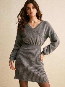 Poéselle Vestido de suéter de manga larga con cuello en V minimalista de unicolor para mujer - Gris - Ver 7