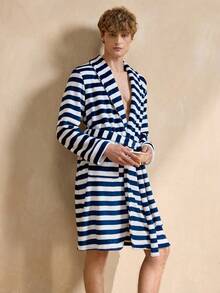 EverLounge 男士蓝白条纹毛绒腰带睡袍，蓬松保暖，适合冬季穿着。 - 彩色 - 查看 6