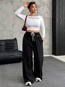 SHEIN EZwear Quần dài rộng rãi, mềm mại và ấm áp bằng nhung đen cỡ lớn có dây rút - màu đen - Xem 4