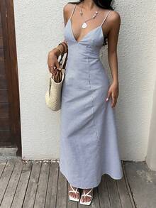 Sunnyshic Grey & White Striped V-Neck Backless Tie Strap Button Detail Maxi Dress - Grey - View 6