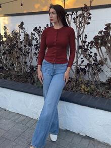 Andrea Bello Ribbed Button Through Long Sleeve Crew Neck Top Casual Vacation Airport Holiday Fall Winter Christmas Elegant - Burgundy - View 6