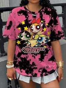 THE POWERPUFF GIRLS X SHEIN 加大码圆领短袖 T 恤，舒适休闲，带有扎染和花朵、泡泡、毛茛图案 - 白色 - 查看 6