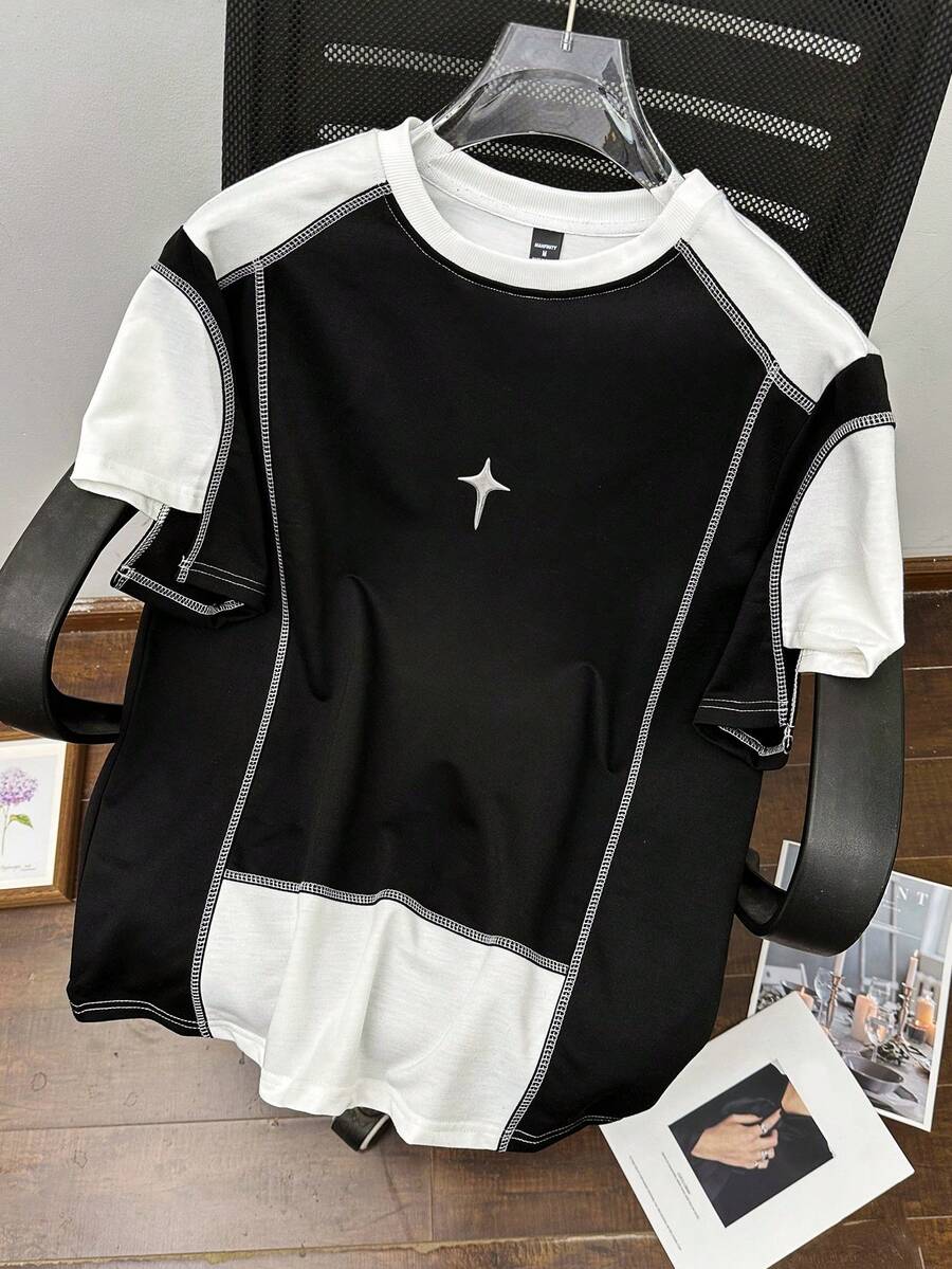 Claim Dot 男士夏季休闲撞色拼接外缝T恤 - 黑色 - 查看 1