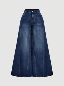 SHEIN MOD Plus Size Casual Everyday Washed Slant Pocket Loose Wide Leg Jeans - Dark Wash - View 1