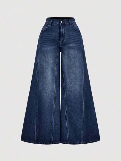 SHEIN MOD Plus Size Casual Everyday Washed Slant Pocket Loose Wide Leg Jeans