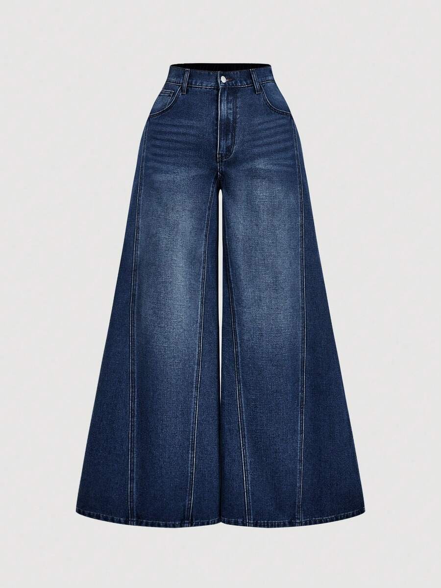 SHEIN MOD Plus Size Casual Everyday Washed Slant Pocket Loose Wide Leg Jeans - Dark Wash - View 1