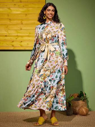 Felipe Marques Women's Floral Print Patchwork Plaid Long Sleeve Cinched Waist Dress, Casual For Vacation, Party, Autumn/Winter