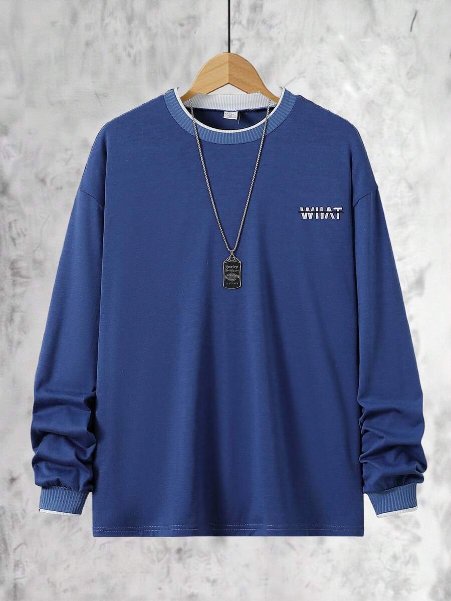 SHEIN 青少年男孩字母印花宽松圆领落肩长袖休闲T恤 - 霧霾藍 - 查看 1