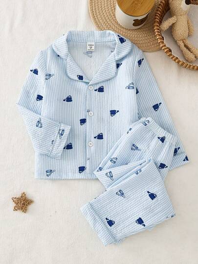 Young Boys Pajamas-Pajama Set Button Front Long Sleeve Collar Shirt Long Pants Cartoon Car Print Blue White Striped Loungewear All Season 2026 New Year Essential Versatile And Comfortable Warm And Cute Style