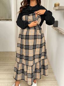 SHEIN Maternity Casual Plaid Patchwork Nursing Dress, Autumn Casual Outfits  Plaid  Maternity Dress Baby Shower Dress Pregnancy Photoshoot Dress - Multicolor - View 2
