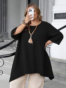 SHEIN CURVE+ 大码女式纯色圆领七分袖口袋宽松衬衫/2026/新年 - 黑色 - 查看 7