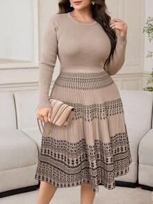 Modelyn Đầm dệt kim cổ tròn tay dài họa tiết hình học thanh lịch cỡ lớn dành cho nữ mùa thu đông - Màu Khaki - Xem 5