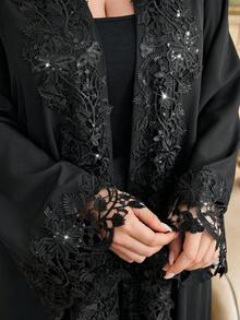 Al Najma Plusstorlek Dam Elegant Patchwork Spetsfront Öppen Abaya Morgonrock, Höst - Svart - Visa 6