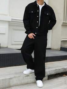 Manfinity EMRG Men's Dark Blue Denim 2 Pieces Set, Casual Jacket And Loose Fit Pants, Spring/Autumn