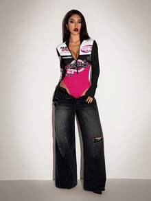 SHEIN ICON 这款休闲复古赛车风粉黑撞色印花连体衣，是秋冬季节的完美之选。风格兼具复古、学院风、百搭、性感和可爱。适合Y2K、椰子女孩、波西米亚风和嬉皮风等多种审美。 - 彩色 - 查看 6