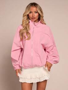 Glamine Women's Lapel Zip-Up Long Sleeve Casual Loose Lightweight Pink Jacket Pink Light Pink Zip Up Hoodie Pink And White Women Pink Sweater - Pink - View 5