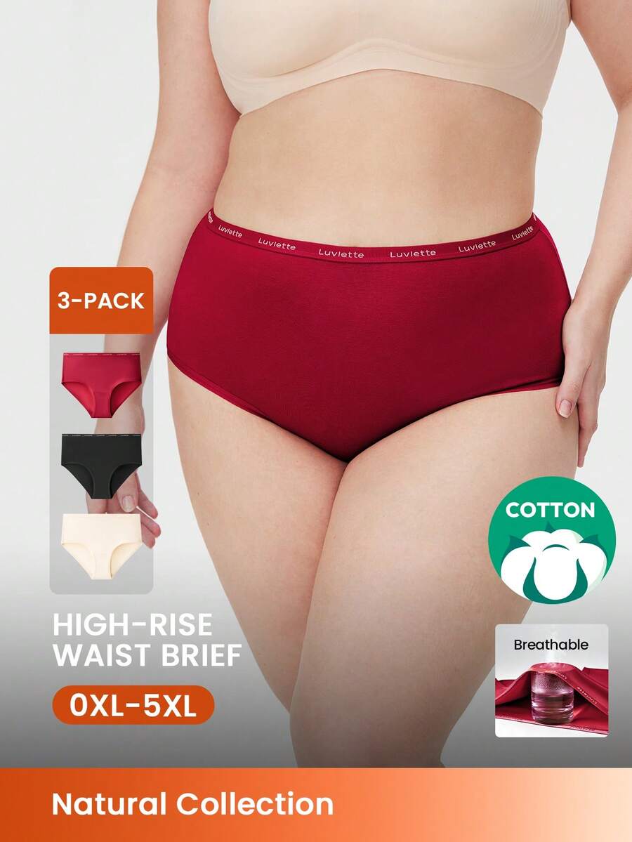 LUVLETTE Plus 3-Pack Airy Soft Cotton Basics High-Waist Briefs Airy Women Underwear Panty Set-Red - Multicolor - View 1