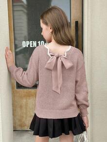 SHEIN Serisse Kids 这款少女休闲时尚百搭针织套头毛衣，采用波浪下摆、V领、后背蝴蝶结和灯笼袖设计，适合周末、休闲外出、返校、圣诞节、新年等秋冬季穿着。 - 藕粉色 - 查看 5