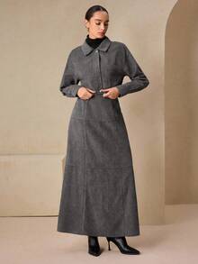 Graceveil Veste en velours côtelé marron chocolat pour femme avec une touche rétro, associée à une jupe longue fendue pour une tenue d'automne stylée - Gris - Voir 6