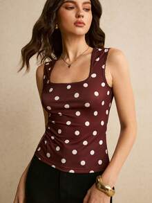 Poéselle 女士波点背心，方领无袖修身复古印花背心，时尚复古风，适合日常穿着、约会之夜、夏季休闲外出等场合，女士方领波点印花修身时尚背心 - 棕色 - 查看 6
