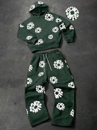 Manfinity EMRG 男士字母印花长袖连帽衫和抽绳腰带运动裤休闲套装