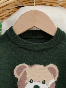 SHEIN Playful Pals 男婴骆驼熊提花针织毛衣套装，面料柔软厚实，适合休闲穿着，秋冬季节皆宜。 - 墨綠色 - 查看 3