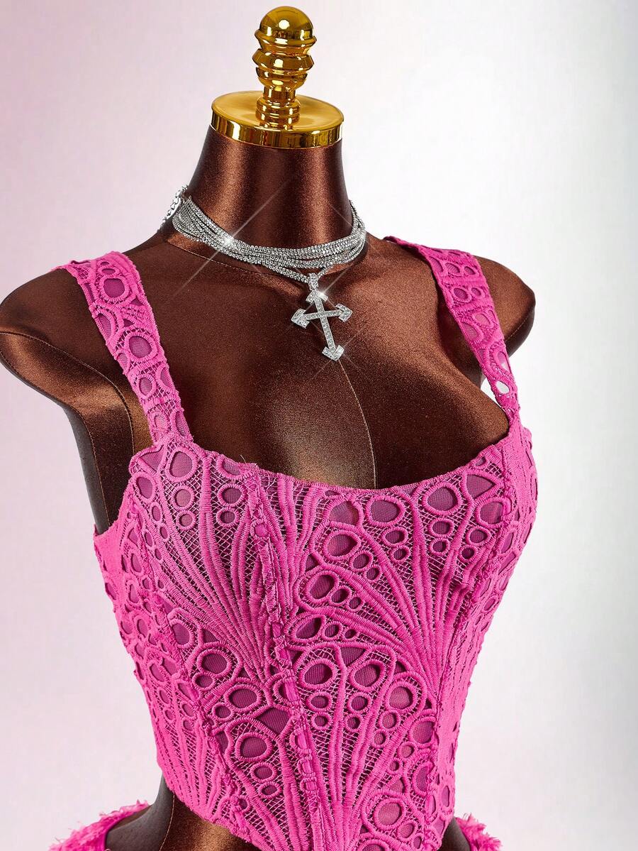 Amplova 2 pezzi Set di top corti aderenti da donna con spalline larghe e senza maniche, di colore unito - Fucsia - Visualizzare 1