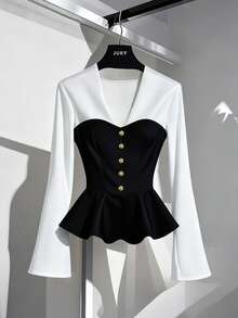 Qadelle Black & White Contrast Color Bell Sleeve Elegant Casual Commute Wear Button Up Blouse For Women, Autumn/Winter/Spring - Multicolor - View 1