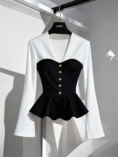 GlowEve 黑白撞色喇叭袖优雅休闲通勤衬衫，女士款，秋冬春季