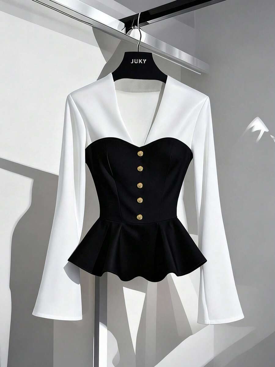 Qadelle Black & White Contrast Color Bell Sleeve Elegant Casual Commute Wear Button Up Blouse For Women, Autumn/Winter/Spring - Multicolor - View 1