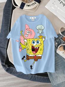 SpongeBob SquarePants | SHEIN T-shirt col rond à manches courtes bleu d'été confortable et décontracté avec motif de bande dessinée mignon pour garçon préadolescent - Blanc - Voir 6