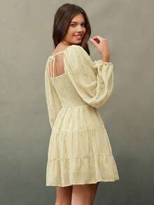 WESTFADE Váy ngắn chữ A xếp nếp xếp tầng bằng vải voan thêu cổ trái tim, thắt nơ phía trước, tay bồng dài, xếp nếp phía sau, trang phục mùa thu dễ thương dành cho nữ, trang phục hòa nhạc đồng quê, phong cách Boho, thường ngày, mùa thu, mùa đông - Màu be - Xem 2