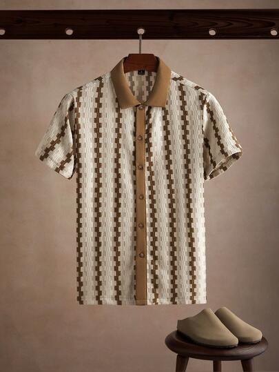 Core Aspect Men's Plaid Short Sleeve Single-Breasted Casual Loose Shirt Brown And White Shirt Men Boho Men Shirt Men Retro Shirt