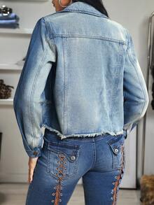 Jeanoix Chaqueta vaquera corta de mujer con cuello de solapa, de doble botonadura, con parches y acabado desgastado, de estilo casual y urbano, para primavera/otoño - Azul lavado medio - Ver 2