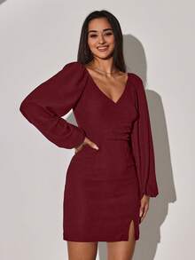 Casual Solid Color Slim Fit V-Neck Long Sleeve Women Dresses - Burgundy - View 5