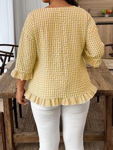 Weeklong Plus Size Women Plaid Round Neck 3/4 Sleeve Ruffle Hem Loose Blouse - Yellow - View 2