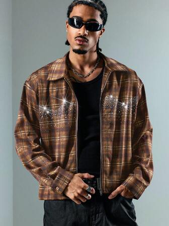Street Life Men's Plaid Rhinestone Decor Long Sleeve Shacket